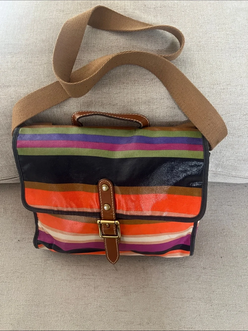 Fossil Key-Per multicolored striped coated canvas crossbody bag . - Picture 2 of 7